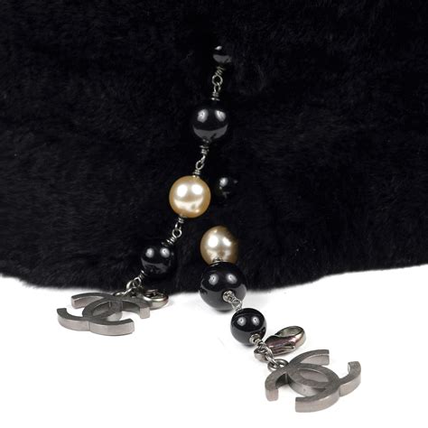 chanel rabbit black collar with dangling cc's|Chanel Black Rabbit Fur Neck Collar w/ CC Pearl Strands.